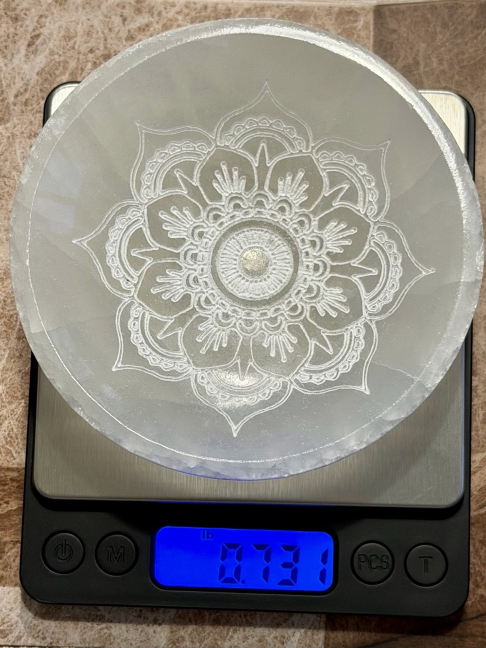 Selenite Charging Bowl with Etched Mandala - 4” Thick Cut - Picture 2 of 2